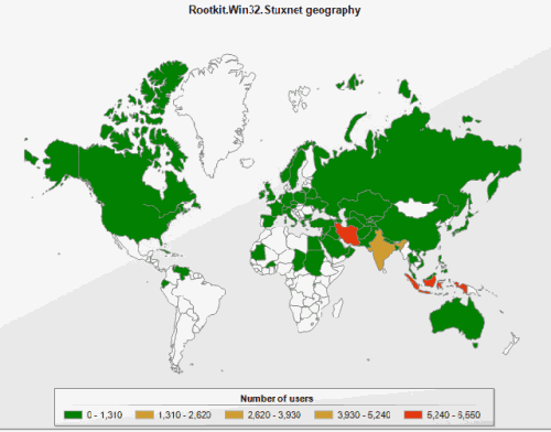 Zasięg wirusa Stuxnet w skali światowej
